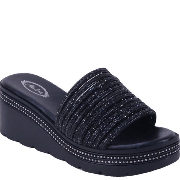 3 Left Italina Black Platform Rhinestone Embellished Wedge Slide-In Sandal - Picture 4 of 7